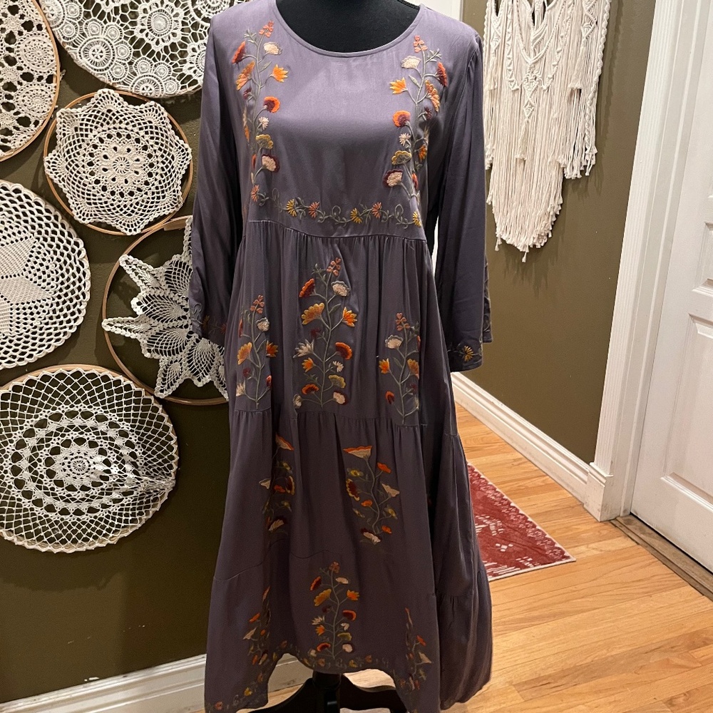 Orange Creek Embroidered Boho Tiered Midi Dress – Size L